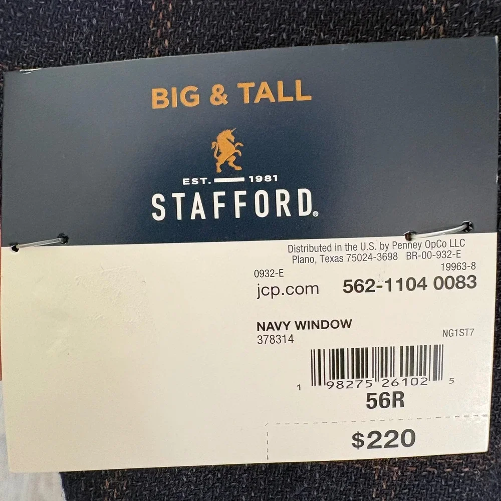 Stafford Big‎ & Tall Navy Windowpane Wool Blend Sport Coat Blazer 56R New